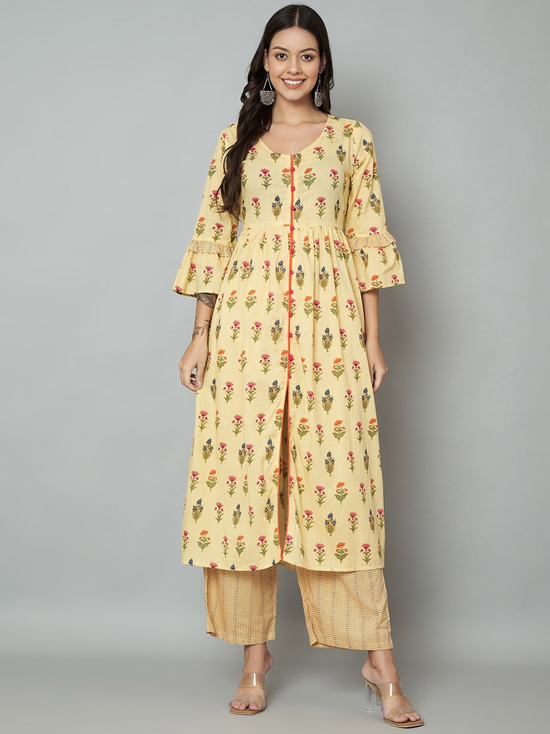 

RANGMAYEE Floral Printed Bell Sleeves Pure Cotton A Line Kurta with Palazzos, Cream