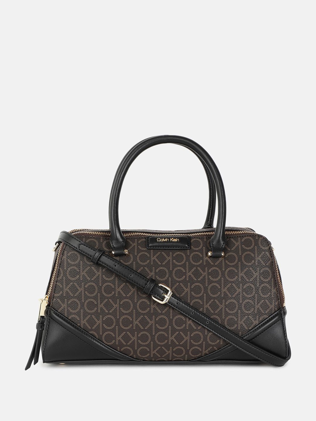 

Calvin Klein Women Printed PU Bowling Handheld Bag with Tasselled, Brown