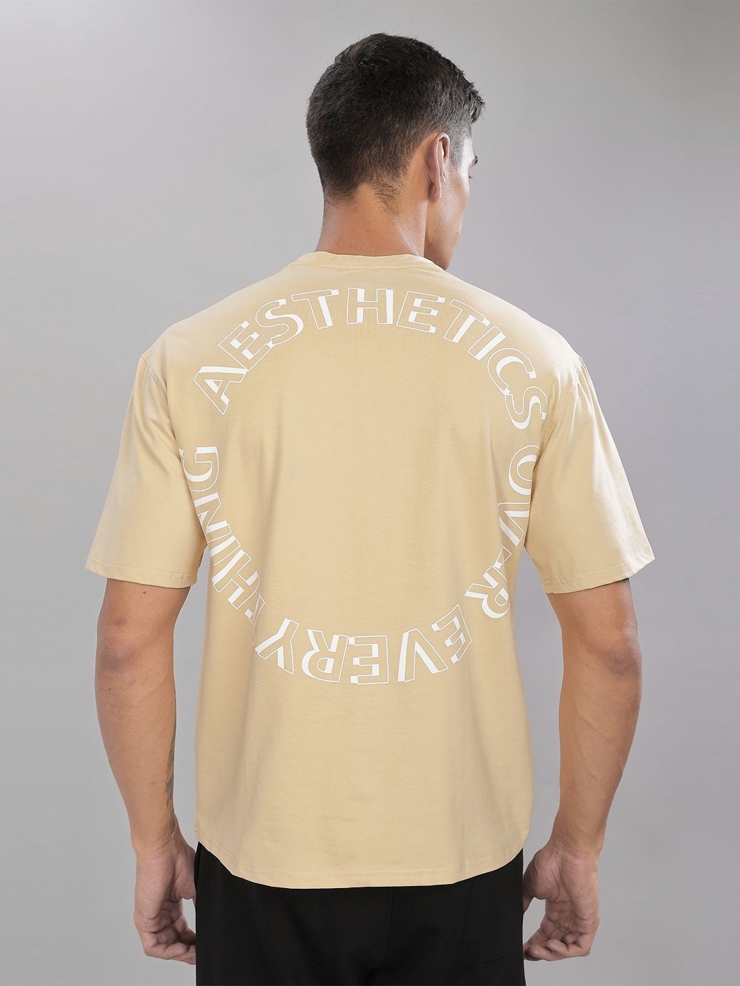 

AESTHETIC NATION Men Typography Printed Raw Edge T-shirt, Beige