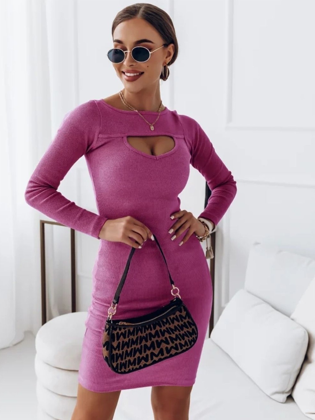 

KPOP Women Cutout Neck Bodycon Dress, Pink