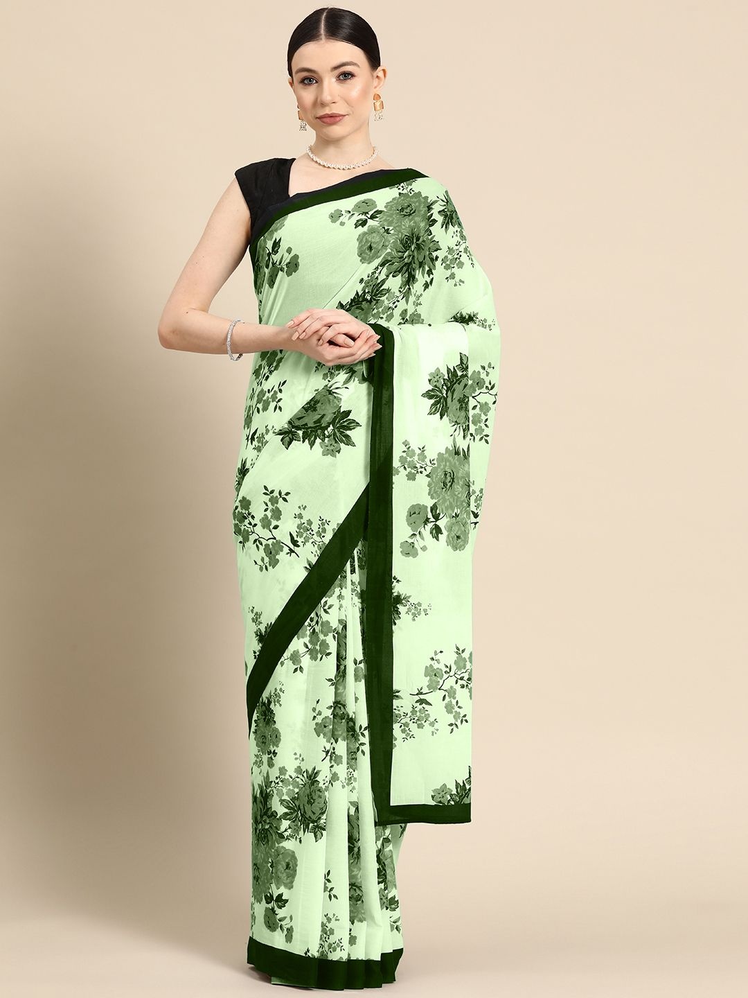 

BUTA BUTI Floral Printed Pure Cotton Saree, Lime green