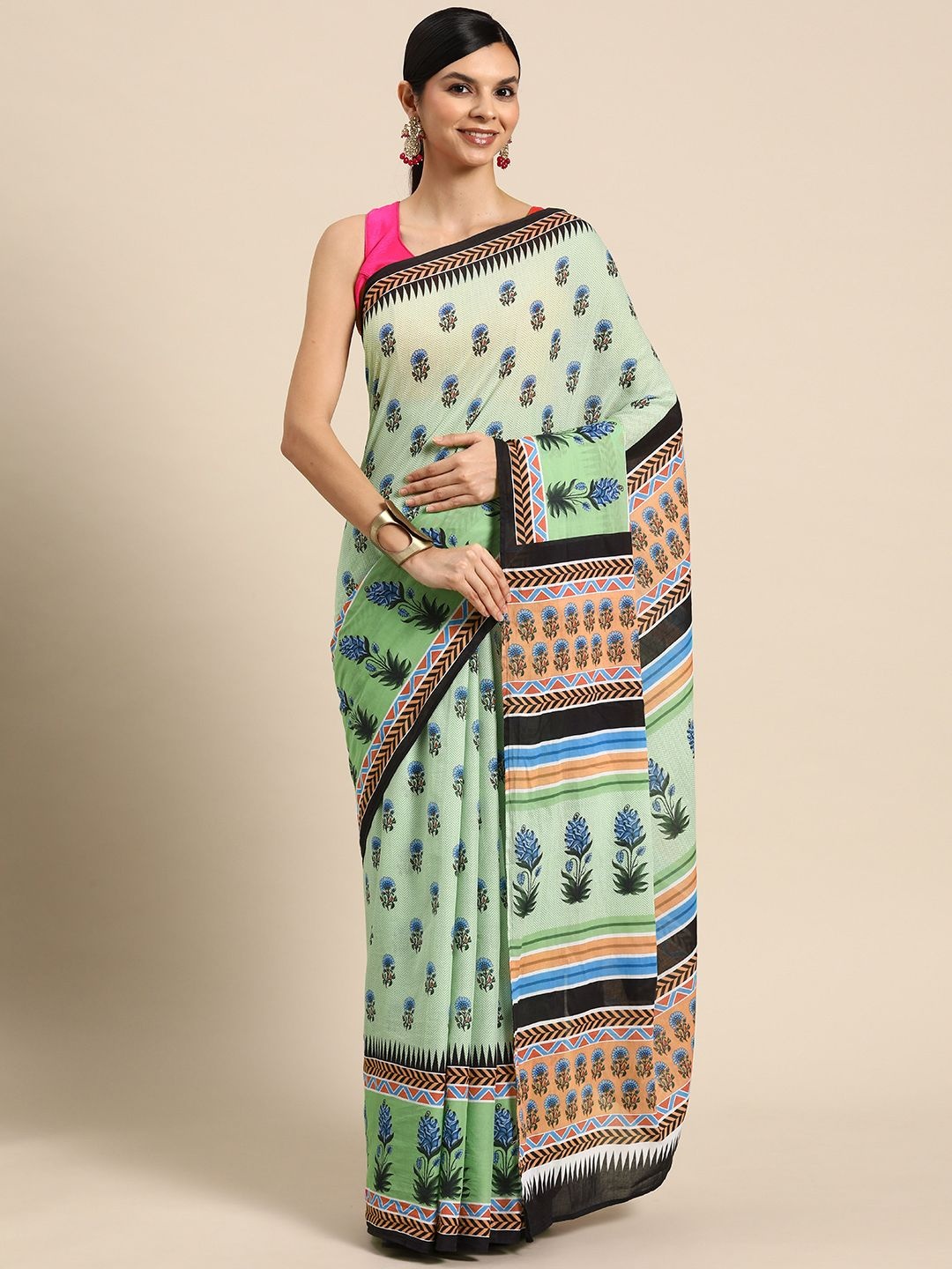 

BUTA BUTI Floral Printed Pure Cotton Saree, Green