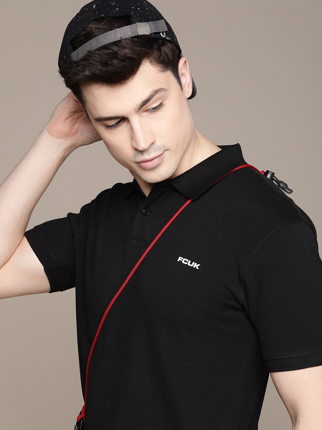 

FCUK Brand Logo Polo Collar Pure Cotton Applique T-shirt, Black