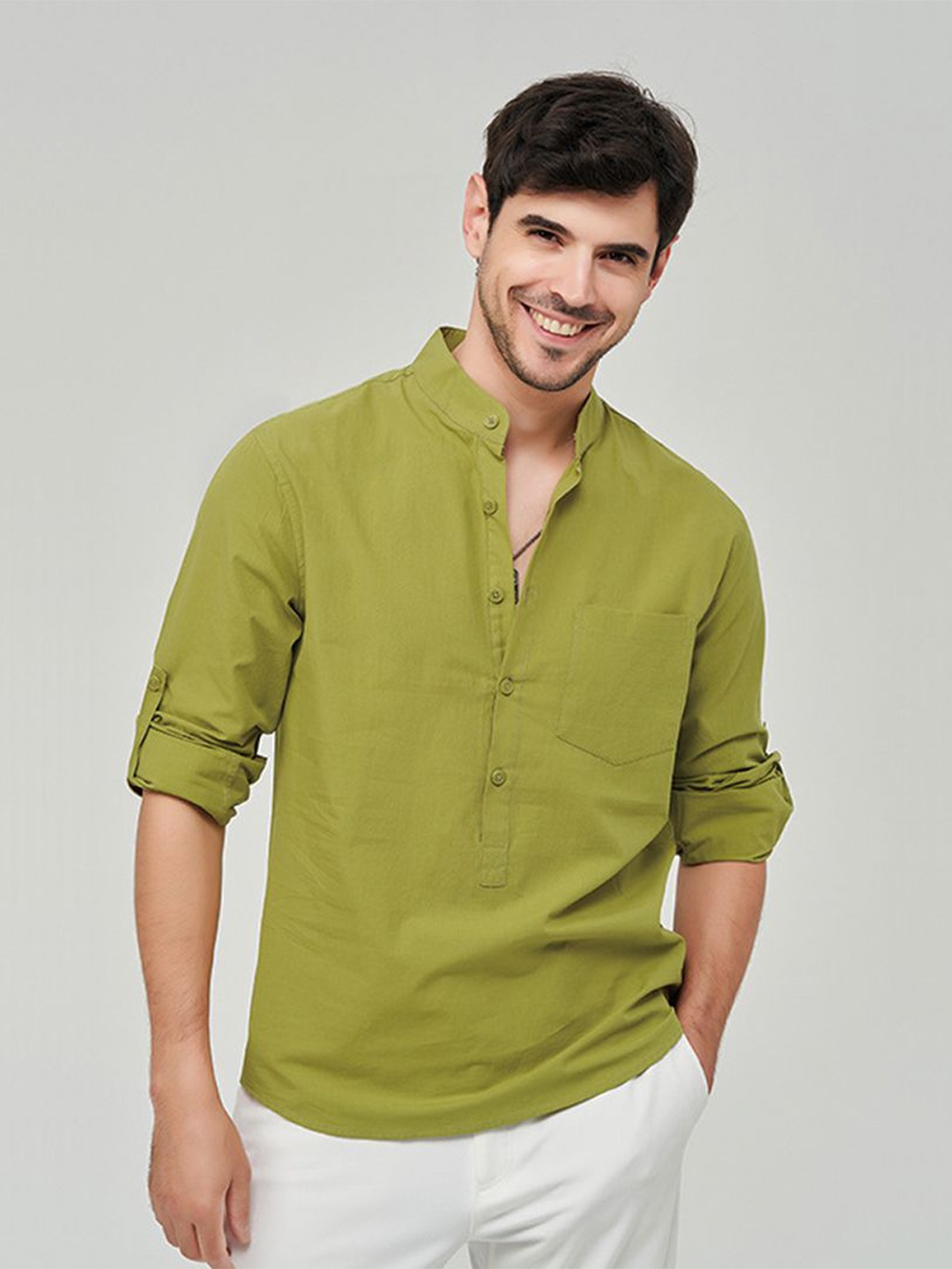 

StyleCast x Revolte Men Band Collar Solid Cotton Casual Shirt, Green