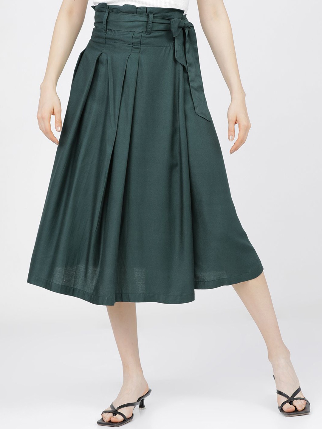 

Tokyo Talkies Women Pleated A-Line Midi Skirt, Green