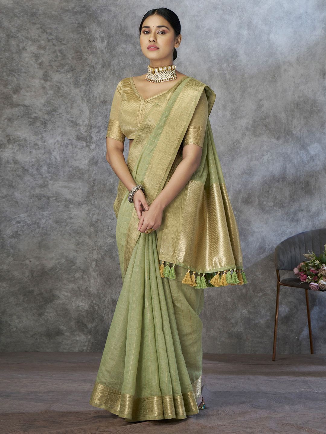 

Anouk Checked Zari Banarasi Saree, Green