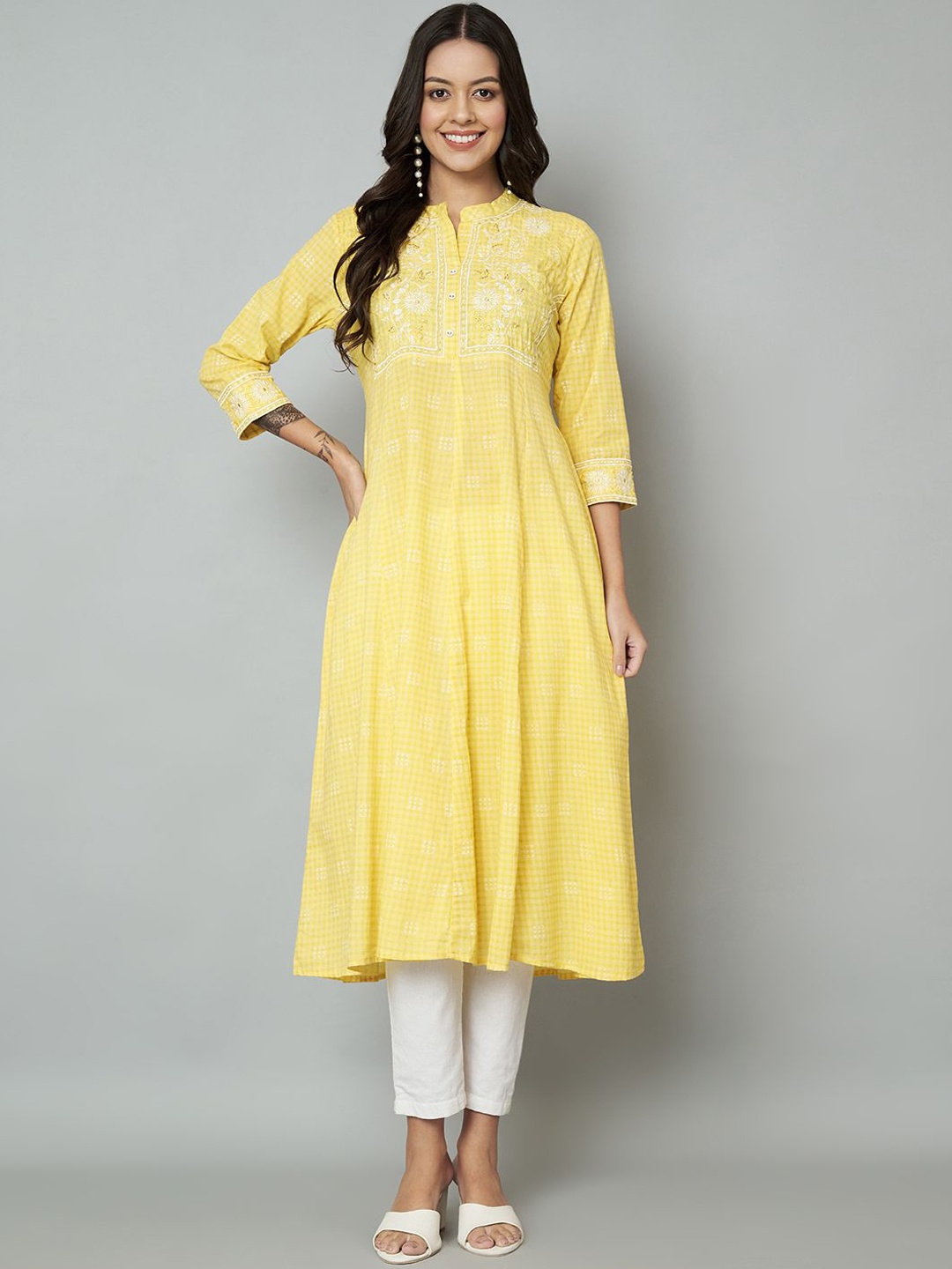 

RANGMAYEE Floral Embroidered Mandarin Collar Cotton A-Line Kurta, Yellow