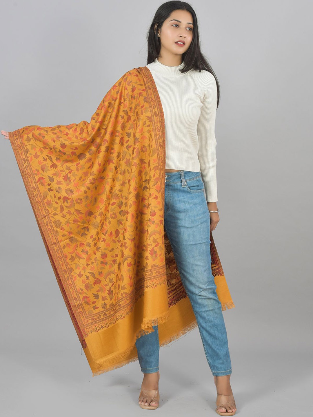

BAISA Ethnic Motifs Woven Design Shawl, Mustard