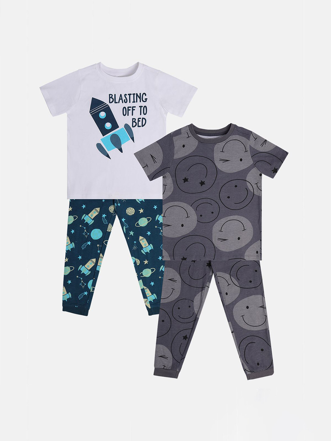 

MINI KLUB Boys Printed Pure Cotton Pack Of 2 T-shirt With Joggers, White