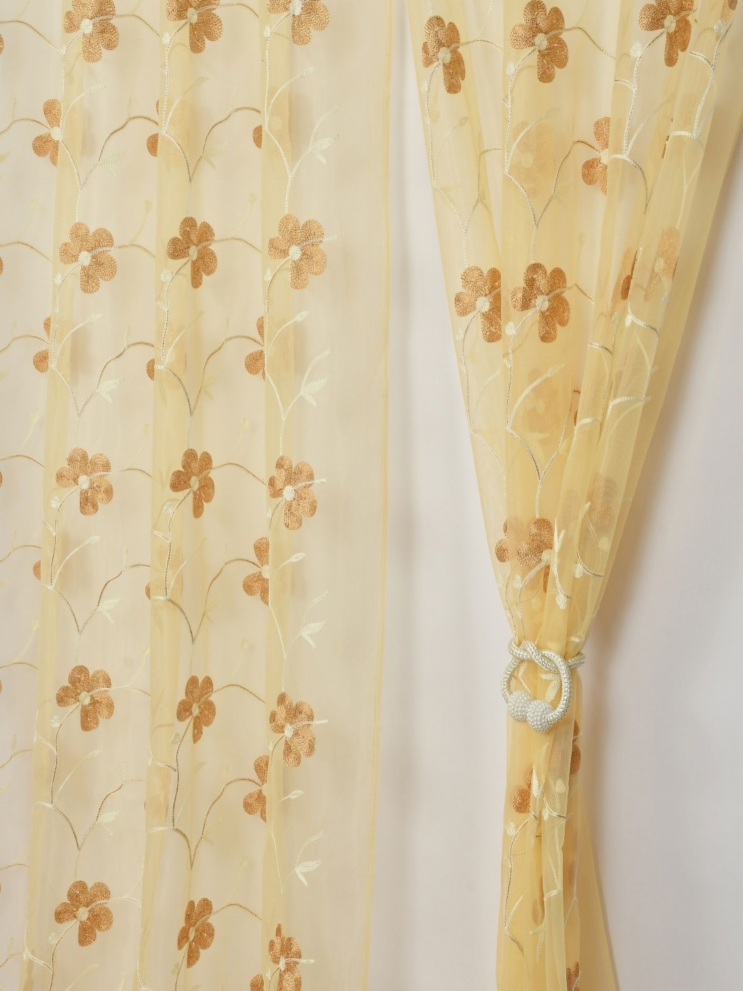 

Aura Beige & White Set of 2 Embroidered Sheer Window Curtain