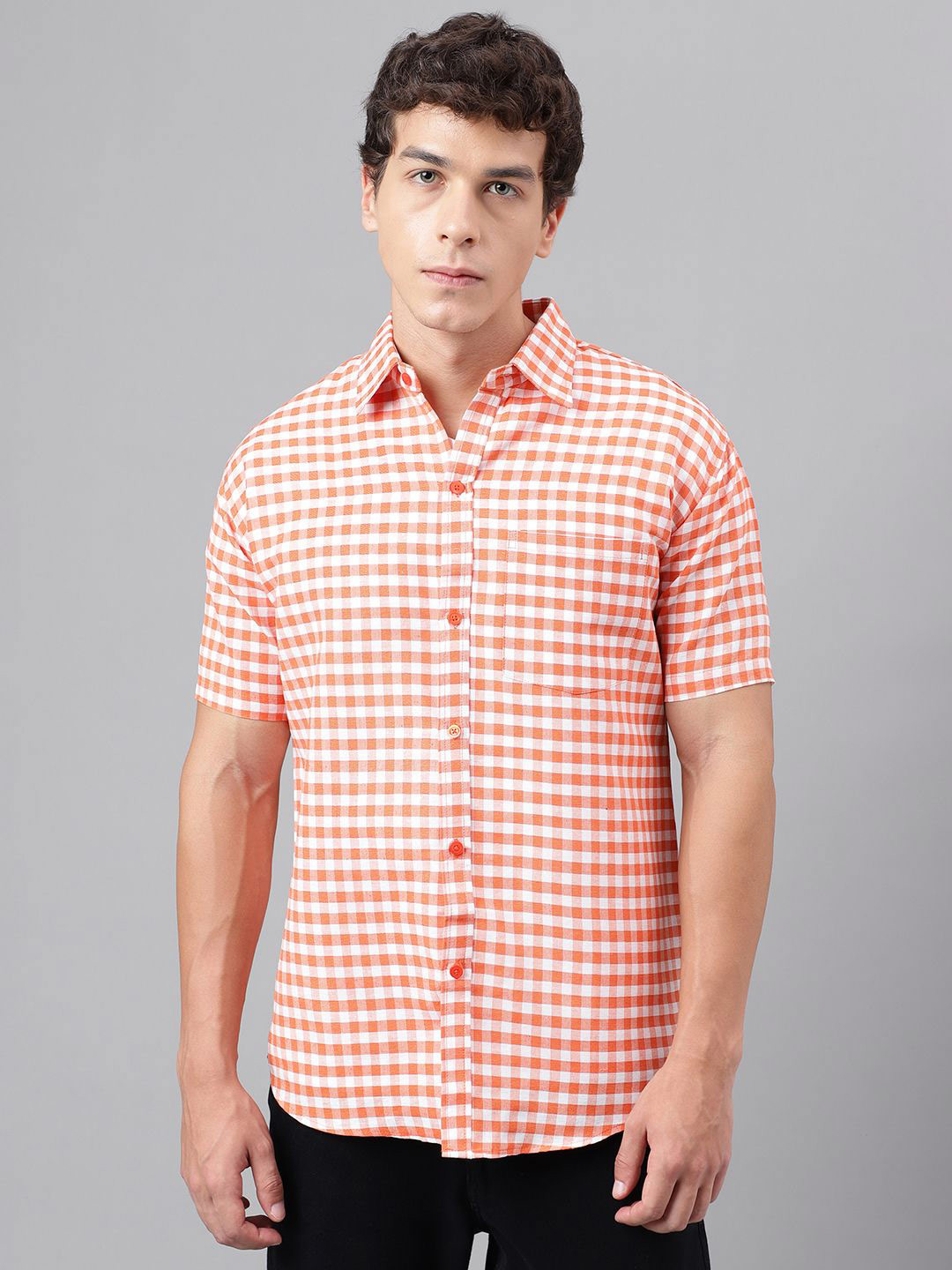

KLOSET BY RIAG Men Classic Spread Collar Gingham Checked Cotton Casual Shirt, Orange