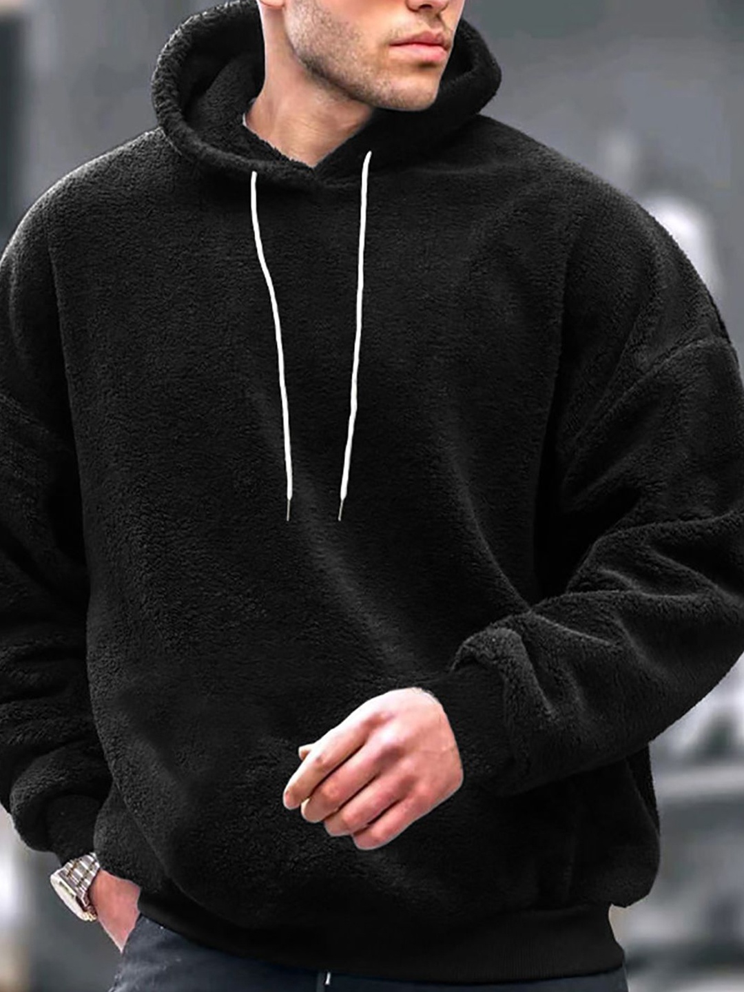 

StyleCast x Revolte Men Solid Hood Pullover Sweatshirt, Black