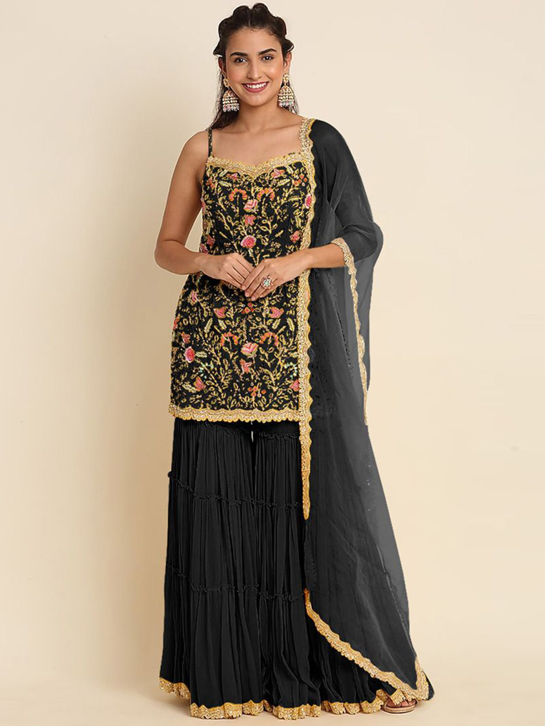 

ASISA Floral Embroidered Sequinned Semi-Stitched Dress Material, Black