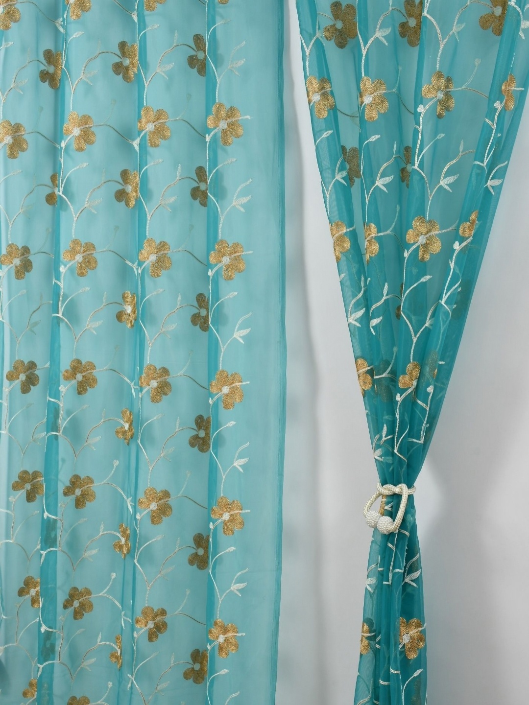 

Aura Turquoise Blue & Beige Set of 2 Embroidered Sheer Door Curtain