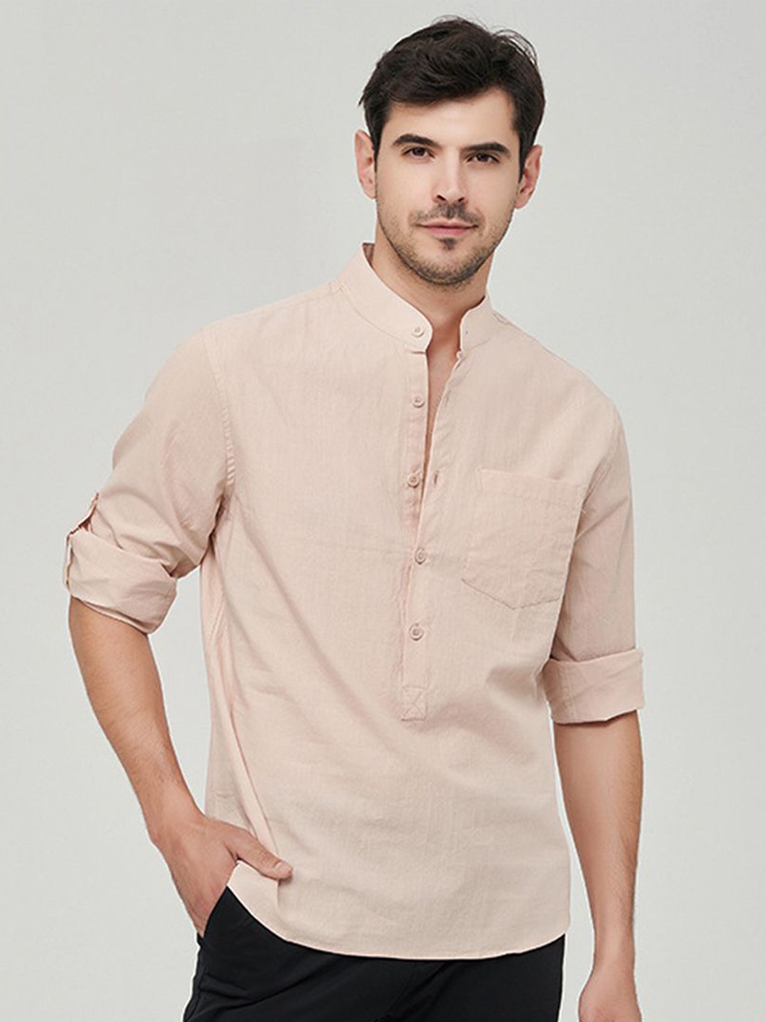 

StyleCast x Revolte Men Band Collar Solid Cotton Casual Shirt, Beige