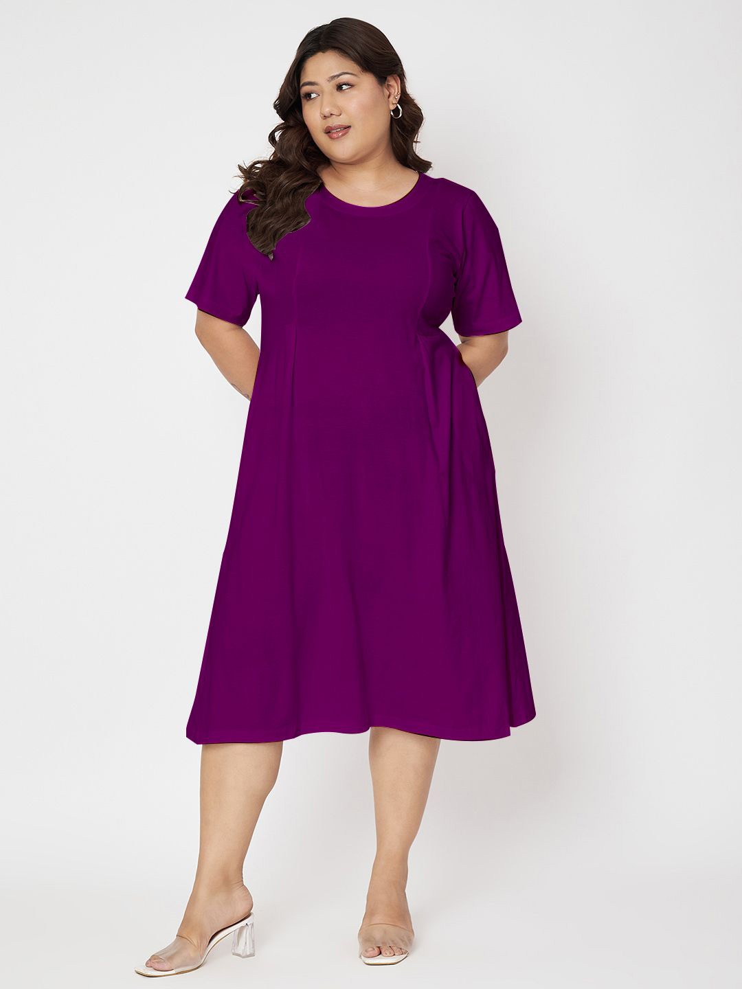 

BRINNS Women Solid Plus Size Fit & Flare Midi Cotton Dress, Purple