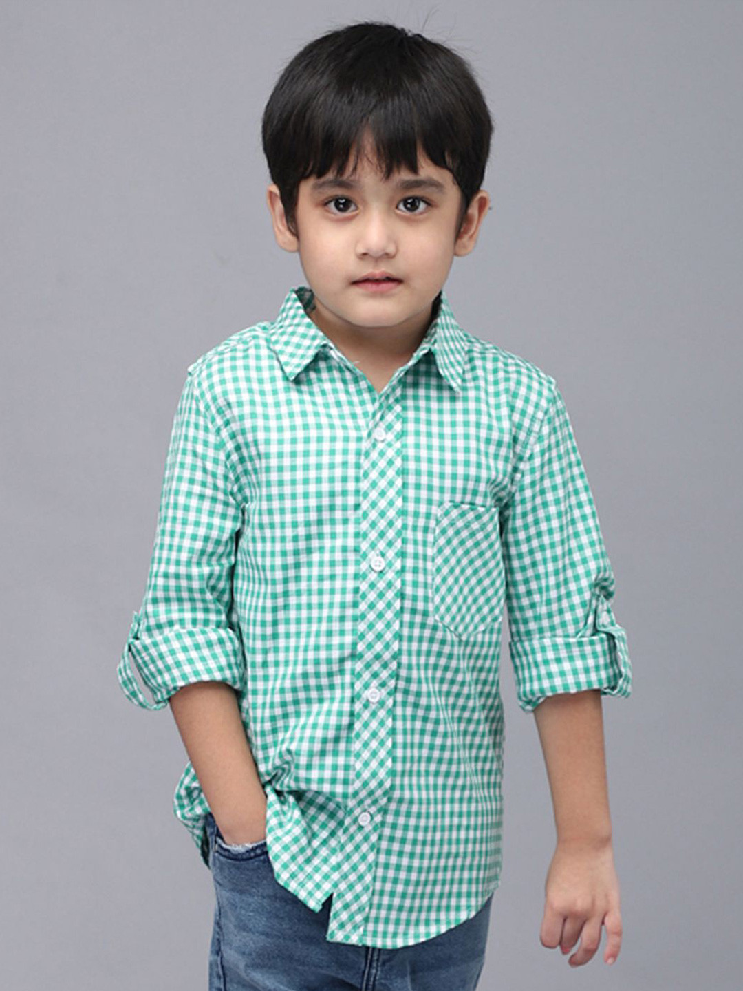 

Biglilpeople Boys Standard Spread Collar Micro Checked Cotton Casual Shirt, Green