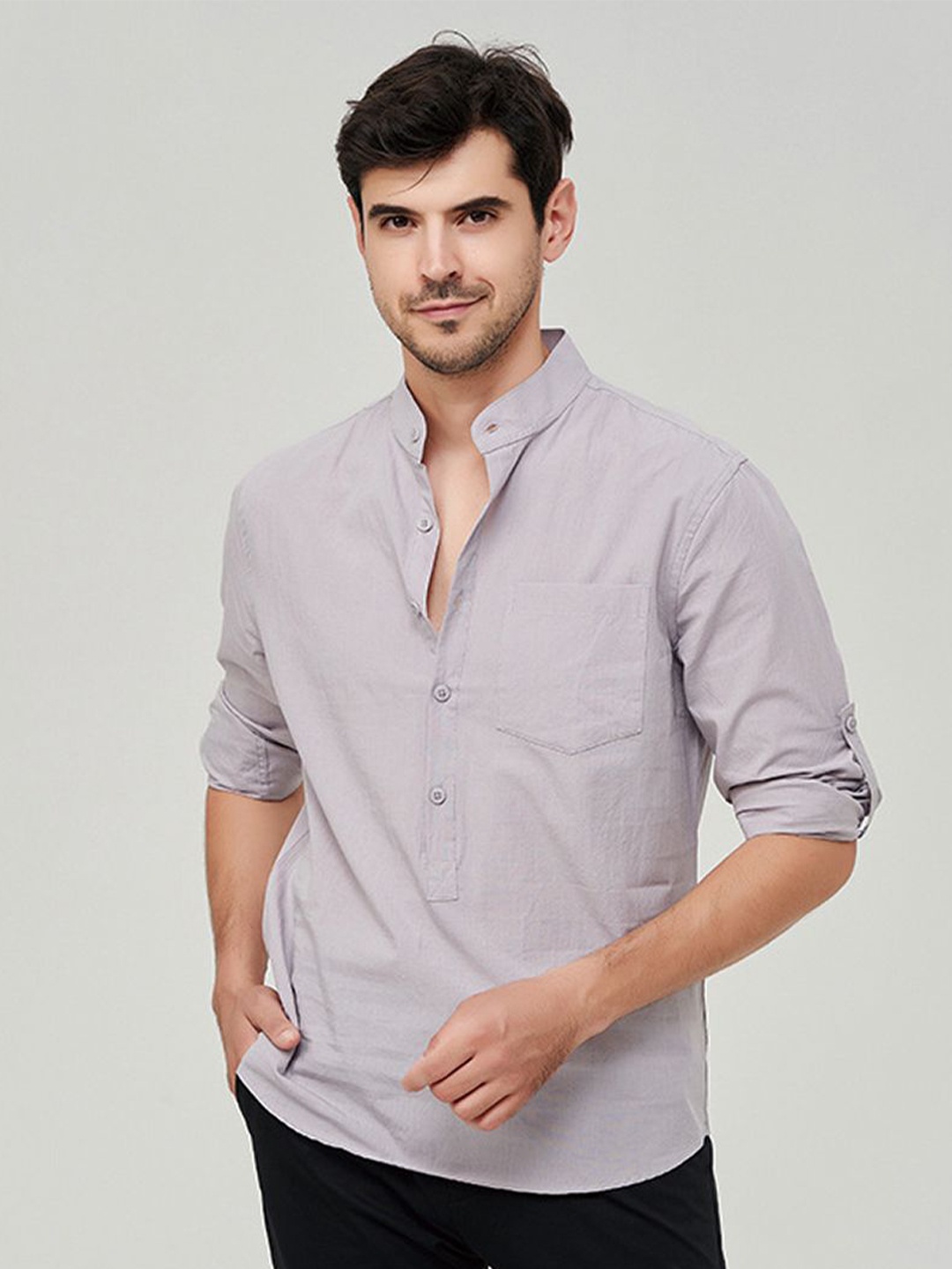 

StyleCast x Revolte Men Band Collar Solid Cotton Casual Shirt, Grey