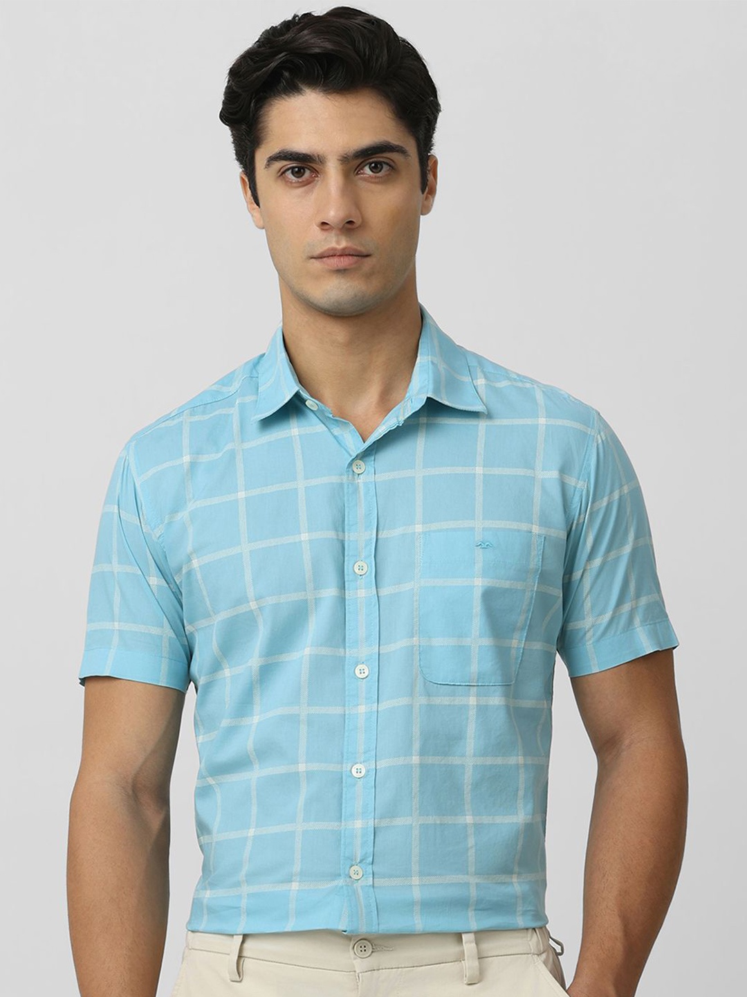 

Mufti Men Slim Fit Windowpane Checks Opaque Checked Casual Shirt, Turquoise blue