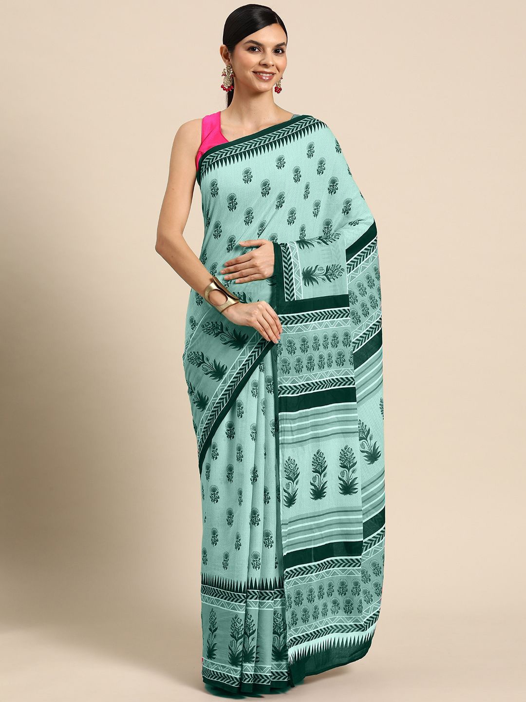 

BUTA BUTI Floral Printed Pure Cotton Saree, Green