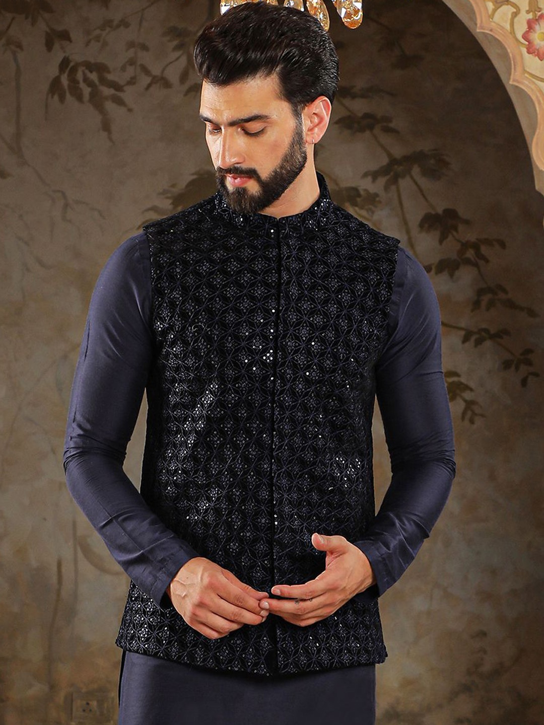 

HOUSE OF DEYANN Embroidered Nehru Jackets, Navy blue