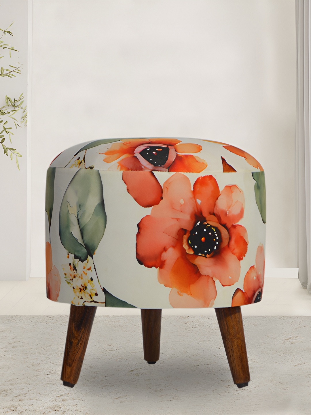 

GLOBALLY White & Orange Printed Wooden Round Ottoman