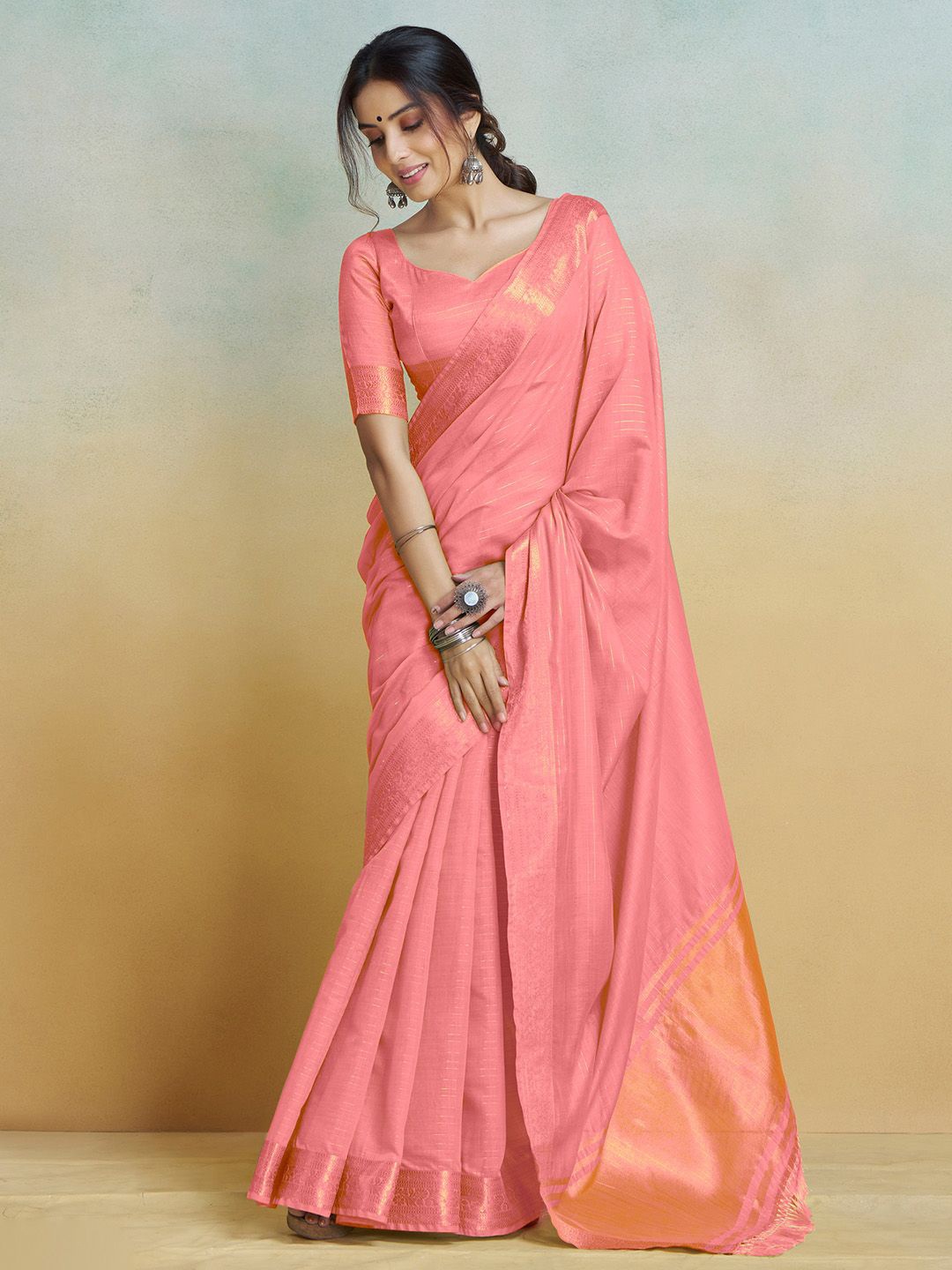 

Anouk Striped Woven Design Zari Banarasi Saree, Pink