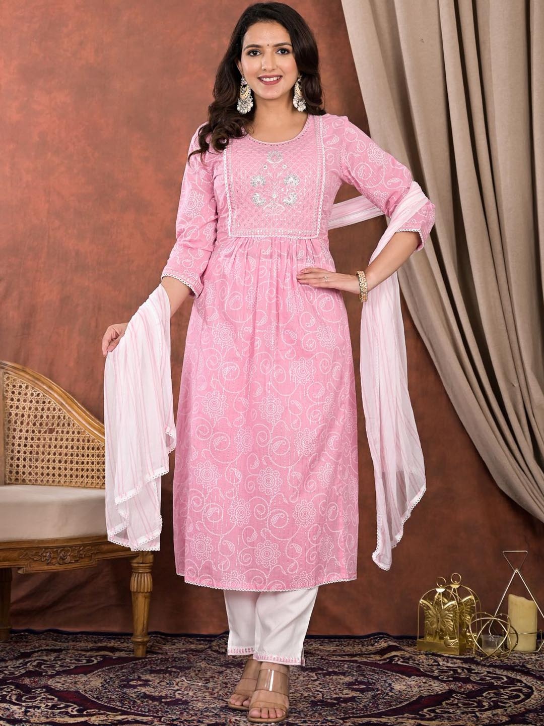 

Readiprint Floral Printed Thread Work A Line Kurta with Palazzos & Dupatta, Pink