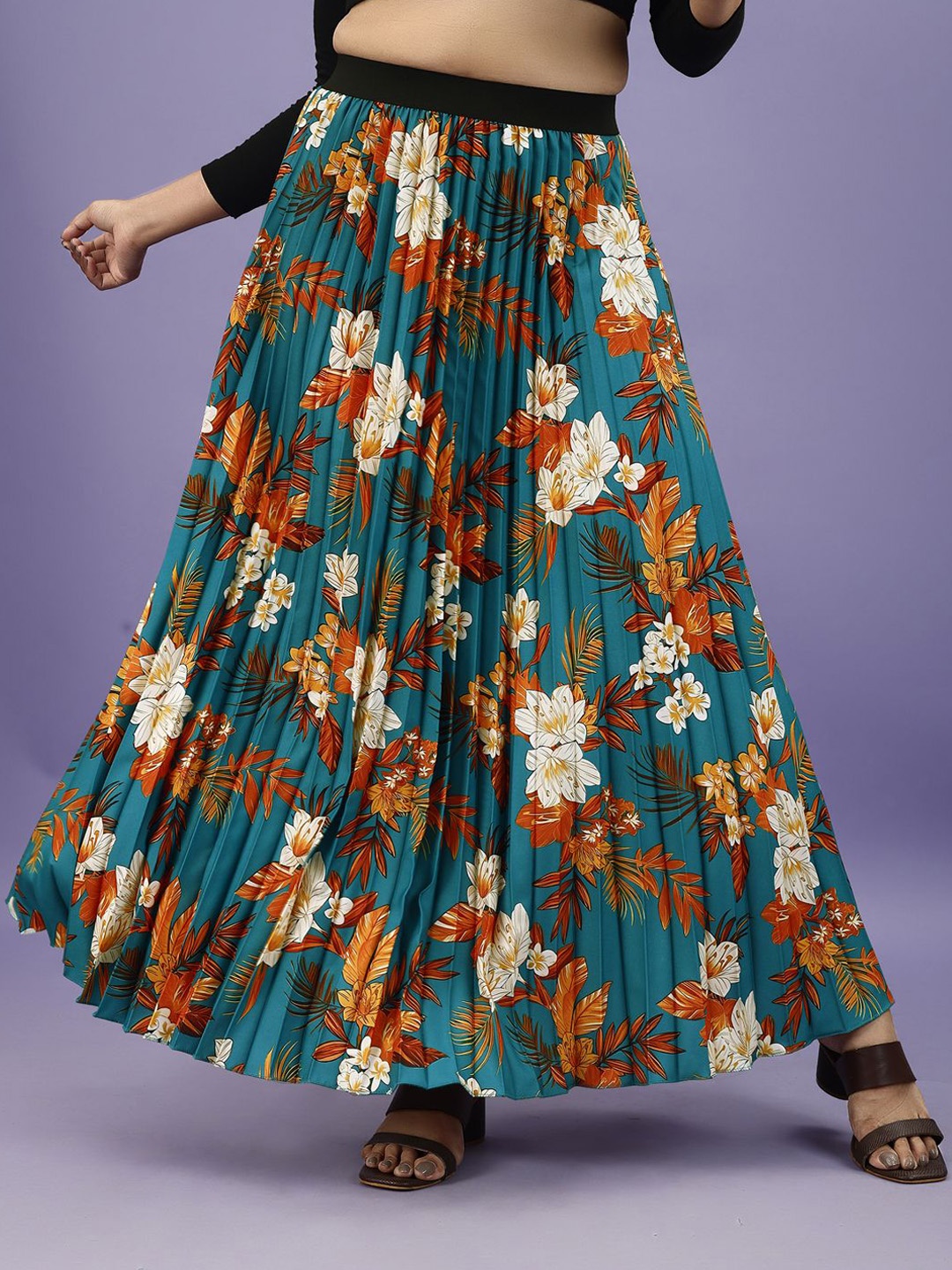 

ZWERLON Floral Printed Accordion Pleats A-Line Maxi Skirt, Teal