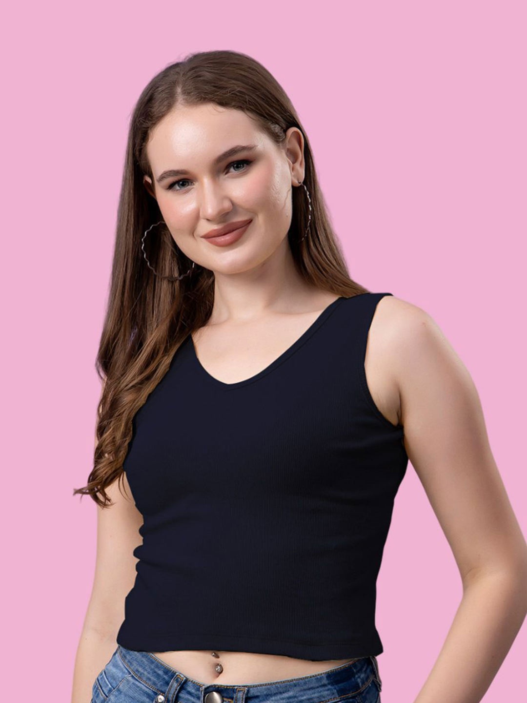

Friskers Women Solid V-Neck Cotton Top, Navy blue