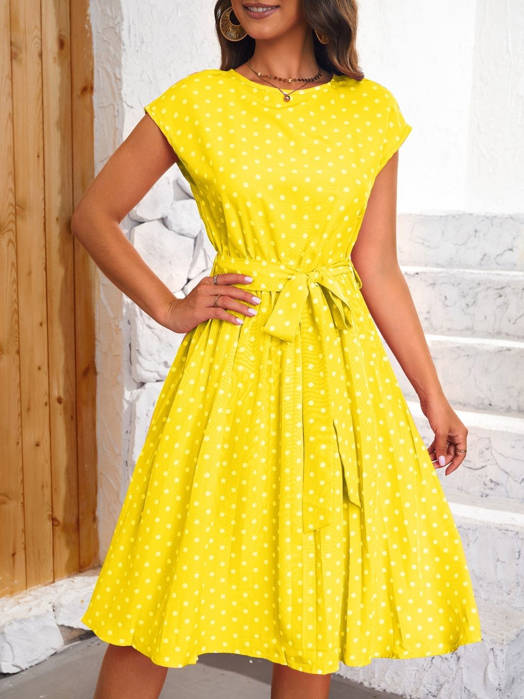 

KPOP Women Polka Dot Printed A-Line Fit and Flare Dress, Yellow