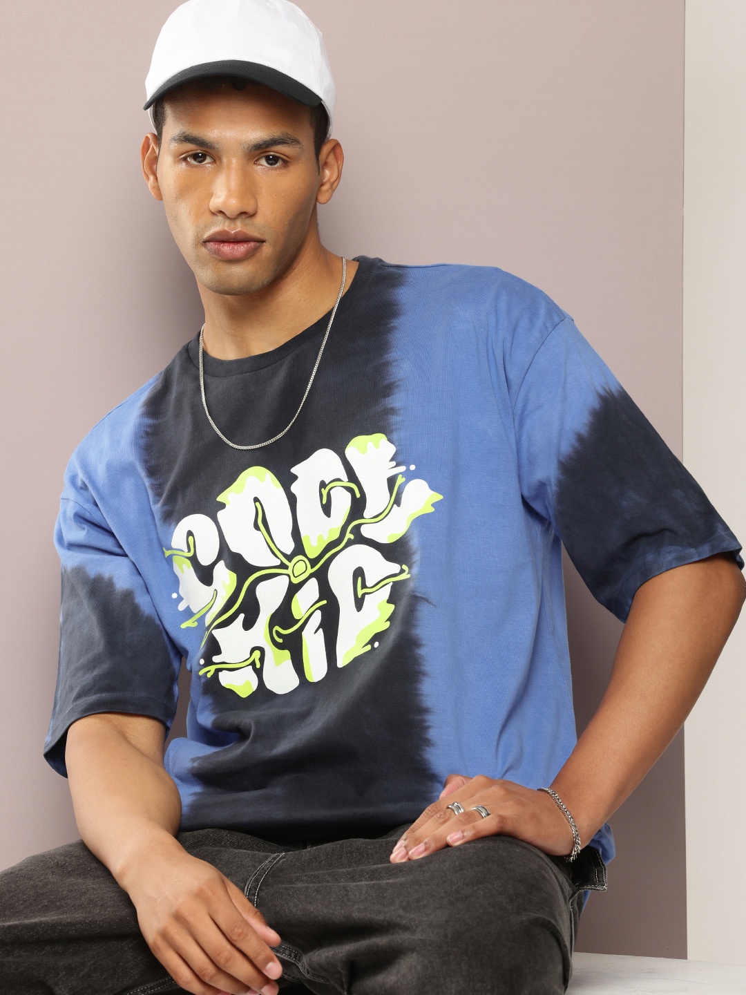 

Kook N Keech Colourblocked Printed Oversized Pure Cotton T-shirt, Navy blue