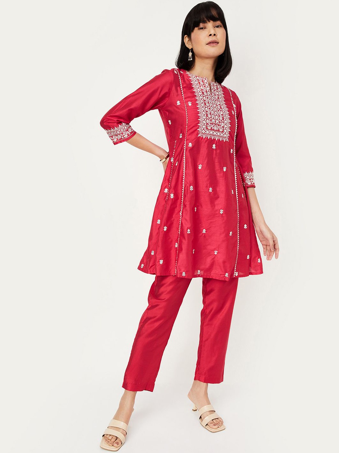 

max Floral Embroidered A-Line Kurta with Trousers, Red