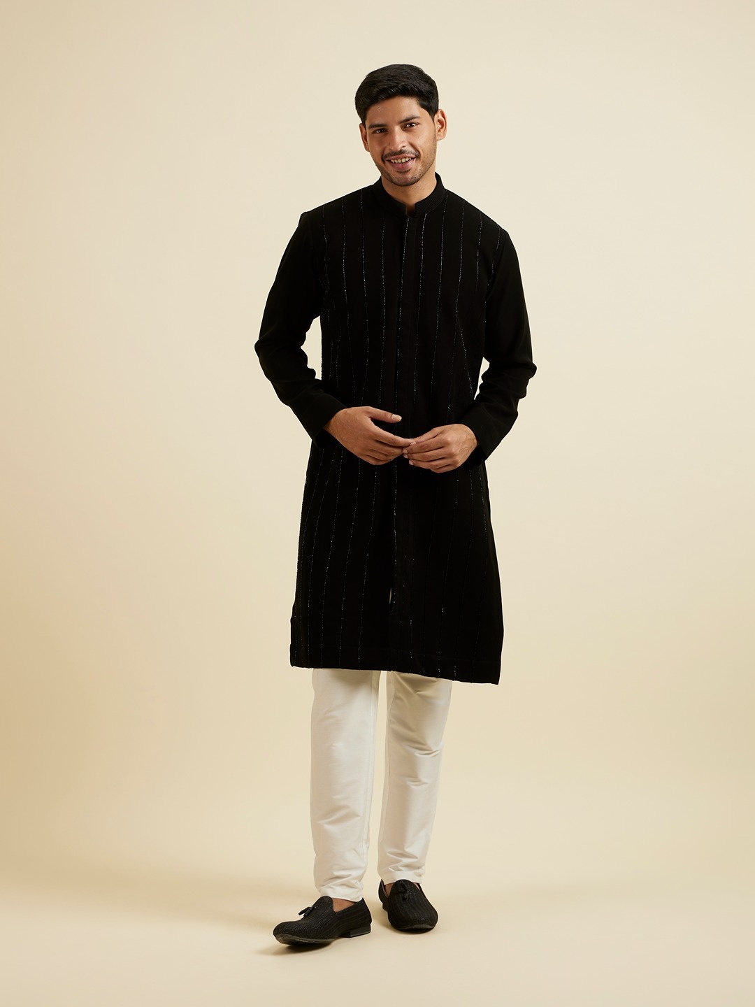 

Manyavar Striped Mandarin Collar Straight Kurta, Black