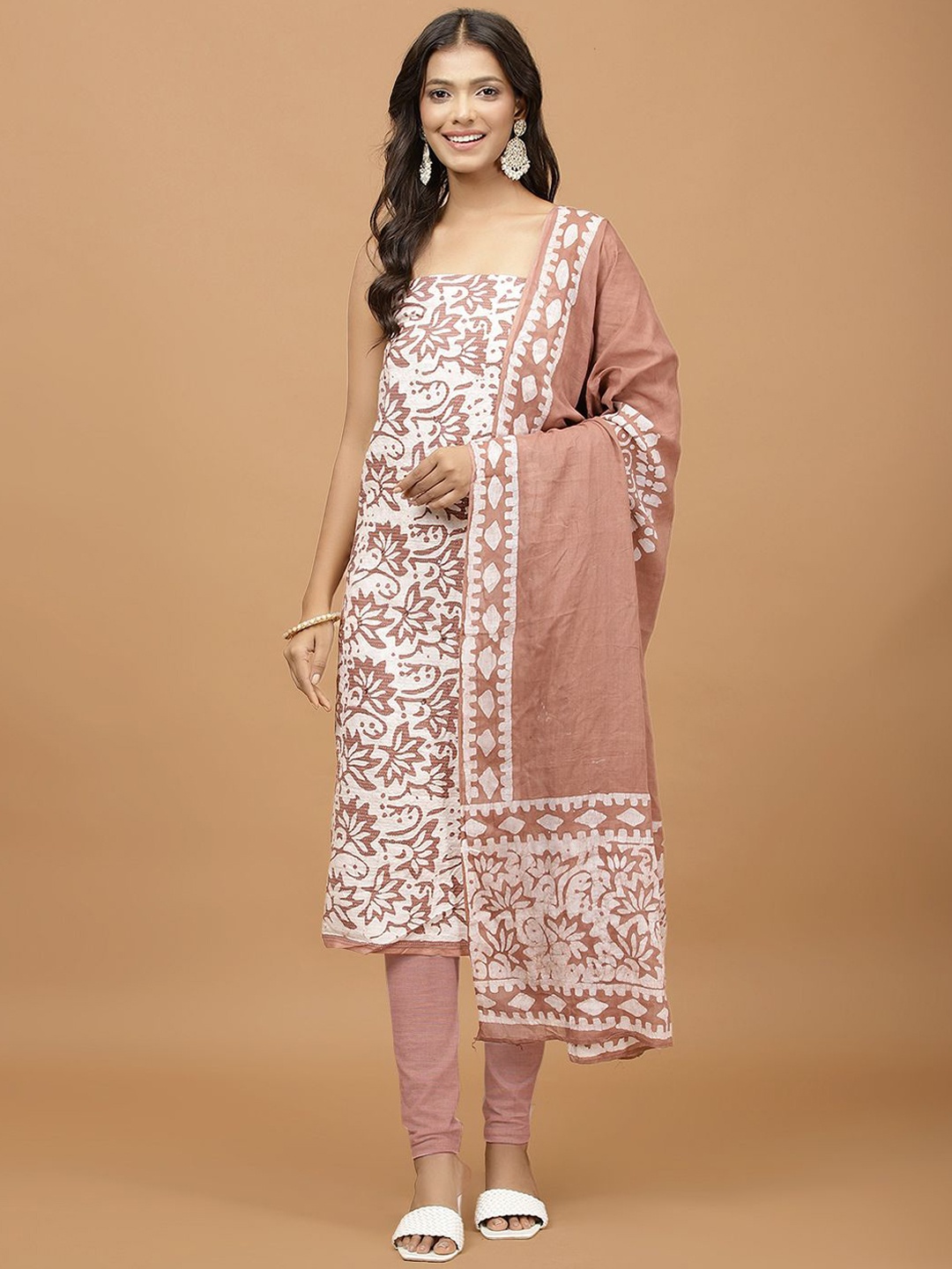 

Meena Bazaar Floral Printed Mirror Work Unstitched Dress Material, Brown