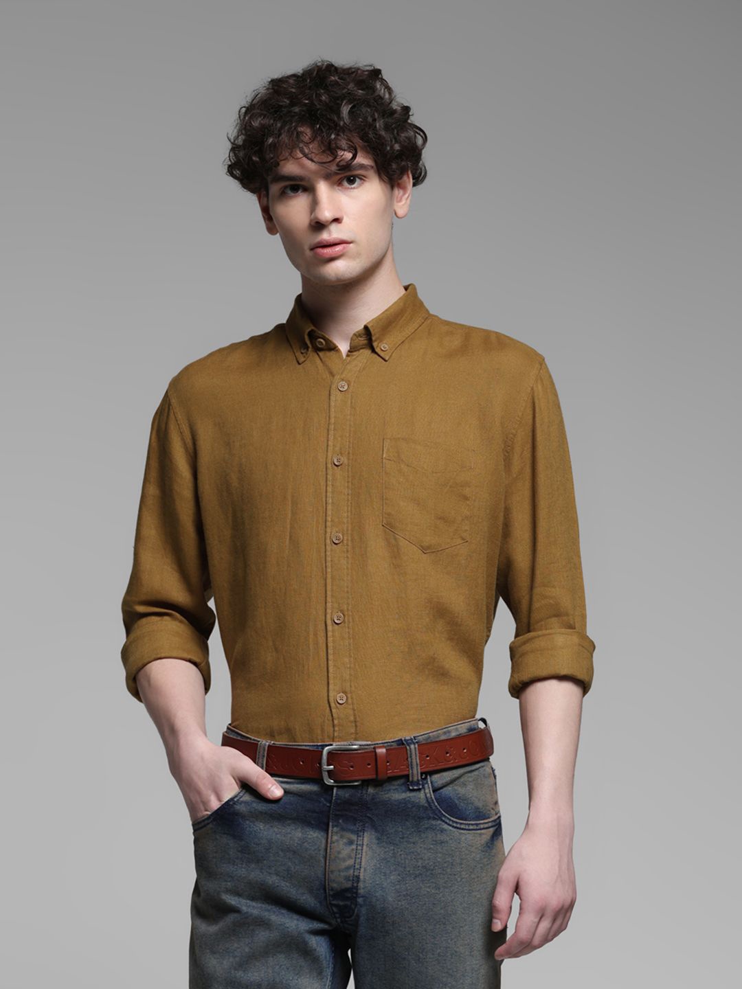 

Jack & Jones Men Button-Down Collar Solid Linen Casual Shirt, Brown