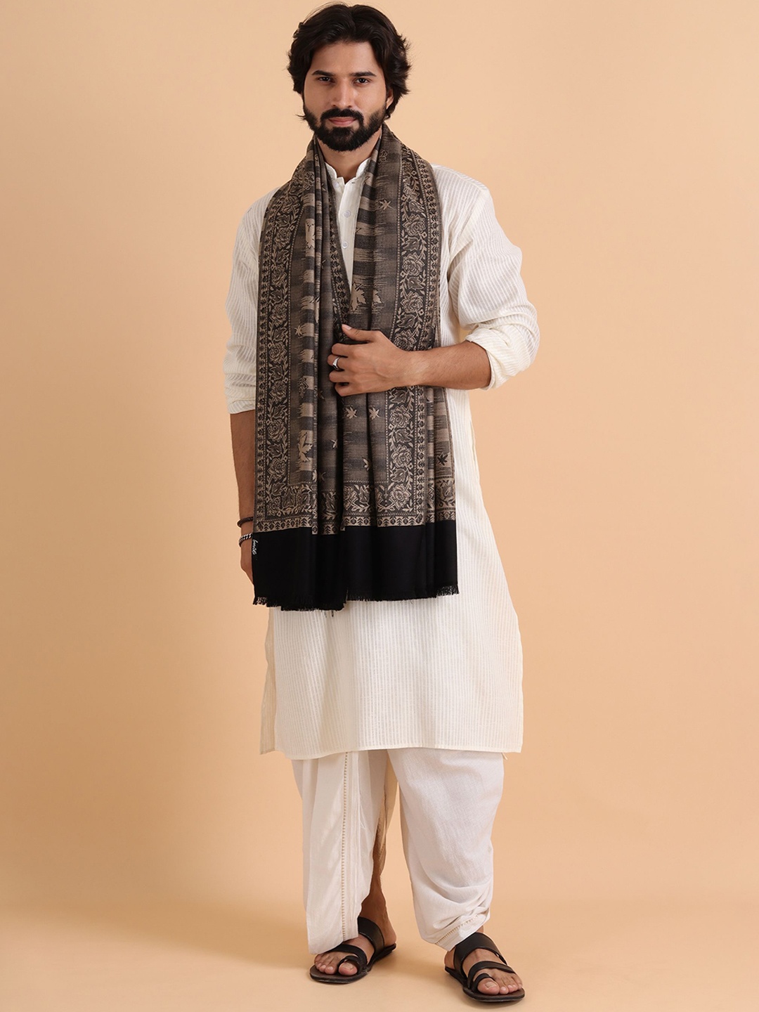 

Tweedle Men Ethnic Motifs Woven Design Acrylic Shawl, Black