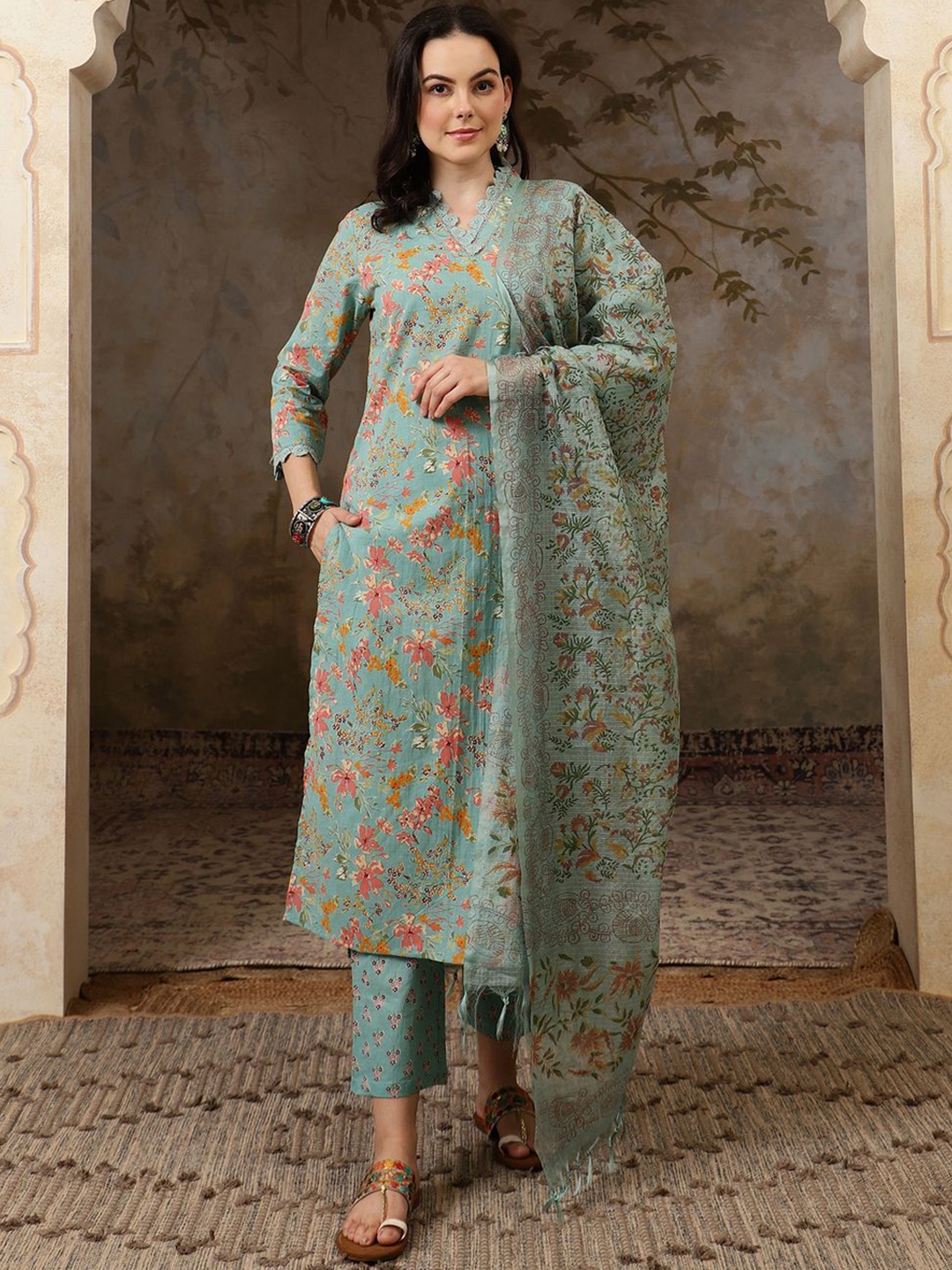 

BANDIA Floral Printed Sequinned Pure Cotton Kurta With Trousers & Dupatta, Sea green