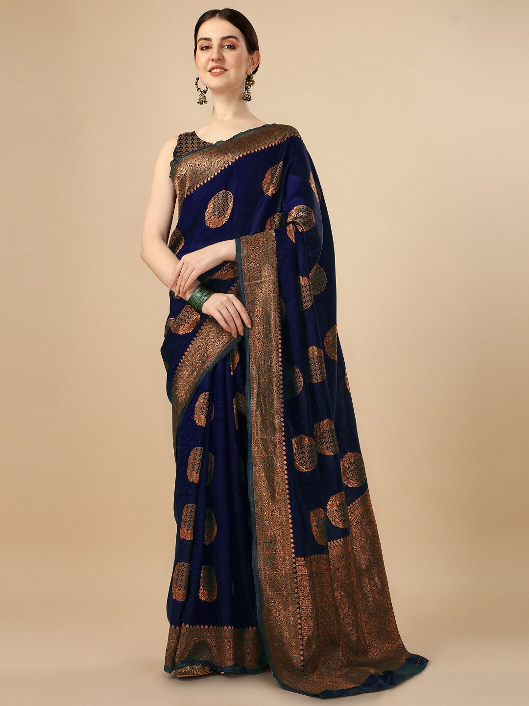 

QENY Woven Design Zari Art Silk Banarasi Saree, Blue