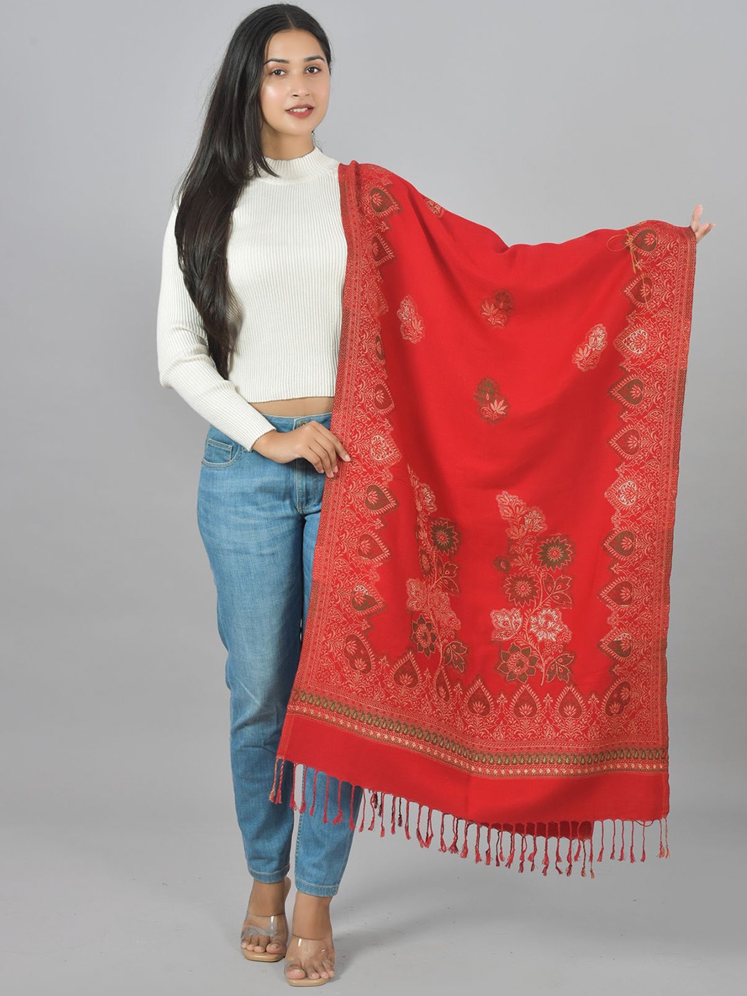 

BAISA Ethnic Motifs Woven Design Jacquard Kashmiri Jamawar Woollen Cotton Shawl, Red