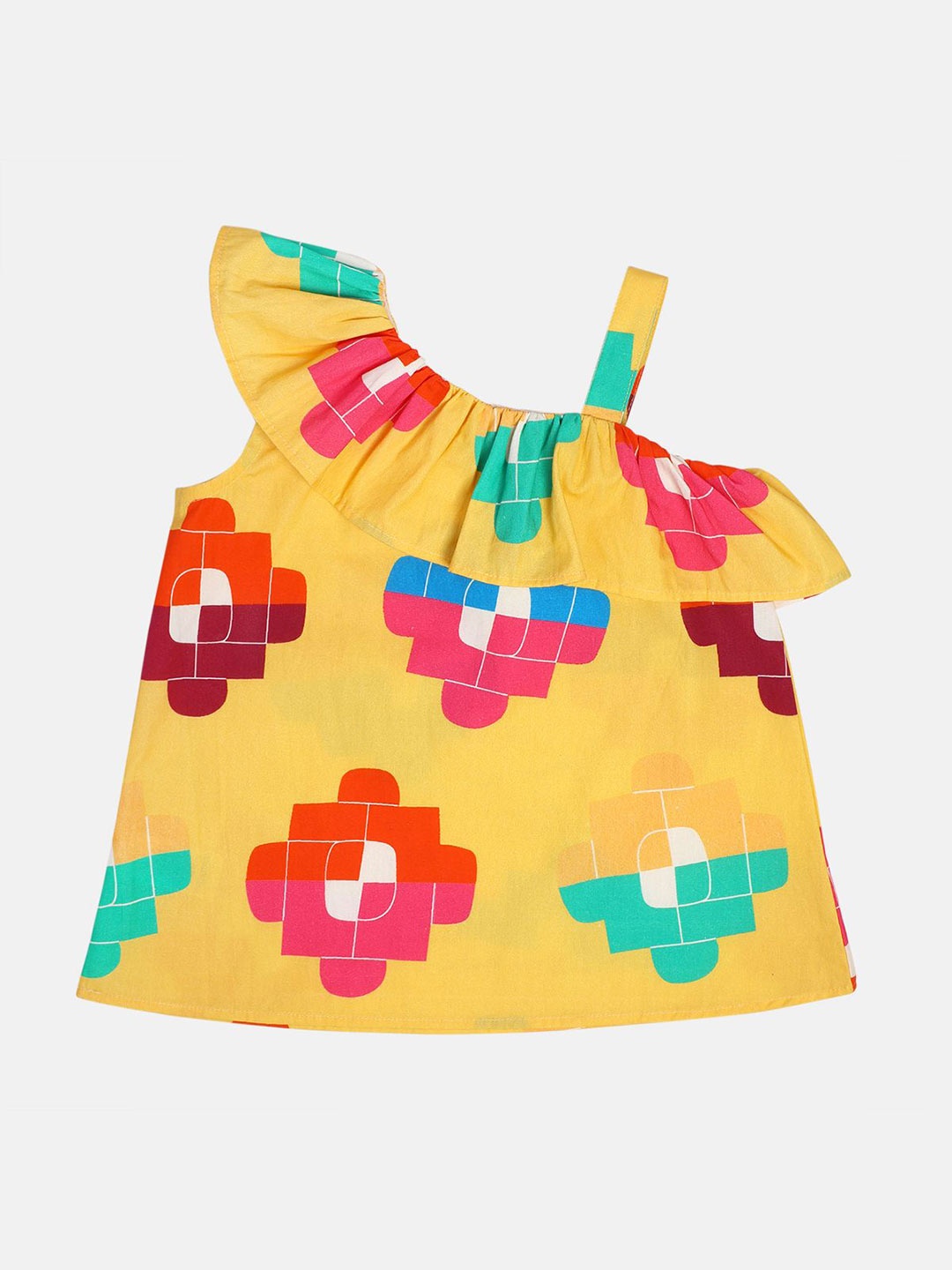 

MINI KLUB Girls Abstract Printed Shoulder Straps Cotton Top, Yellow