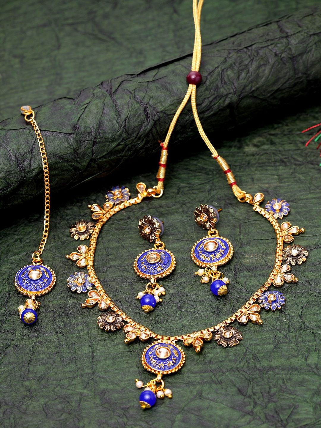 

ANIKAS CREATION Gold-Plated Kundan-Studded & Beaded Enamelled Jewellery Set