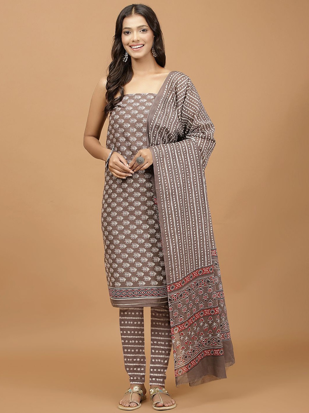 

Meena Bazaar Floral Printed Unstitched Dress Material, Brown