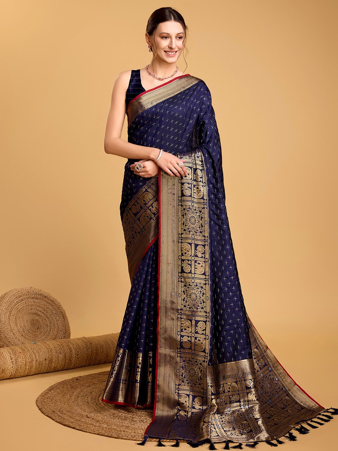

Kriyansh Woven Design Zari Silk Blend Banarasi Saree, Navy blue