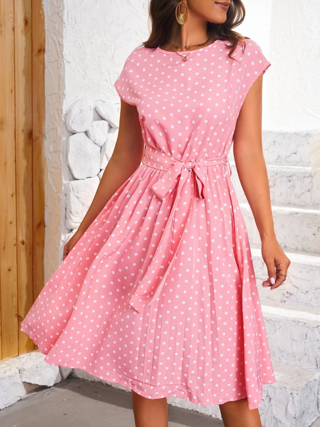 

KPOP Women Polka Dot Print A-Line Dress, Pink