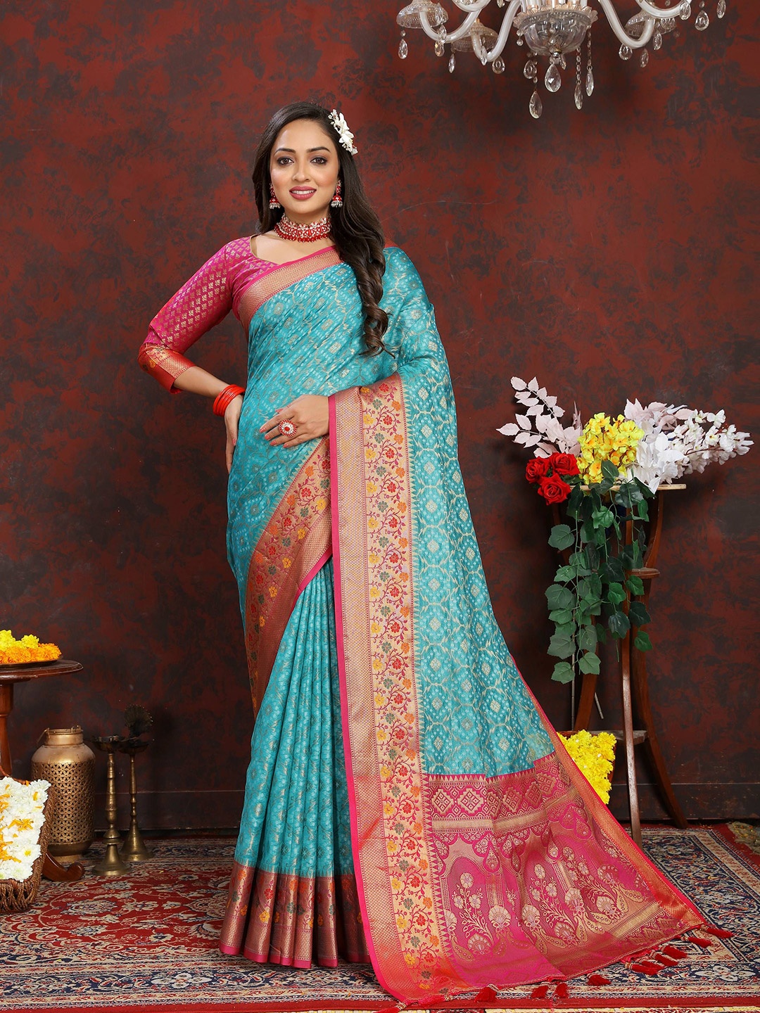 

Zeekha Woven Design Printed Zari Pure Silk Kanjeevaram Saree, Turquoise blue