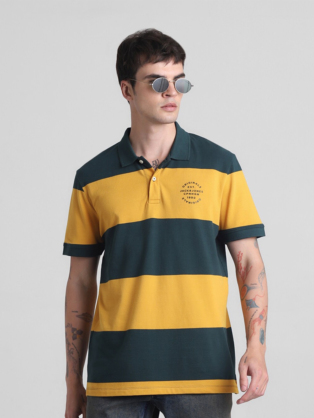 

Jack & Jones Striped Polo Collar Pure Cotton Slim Fit T-shirt, Yellow