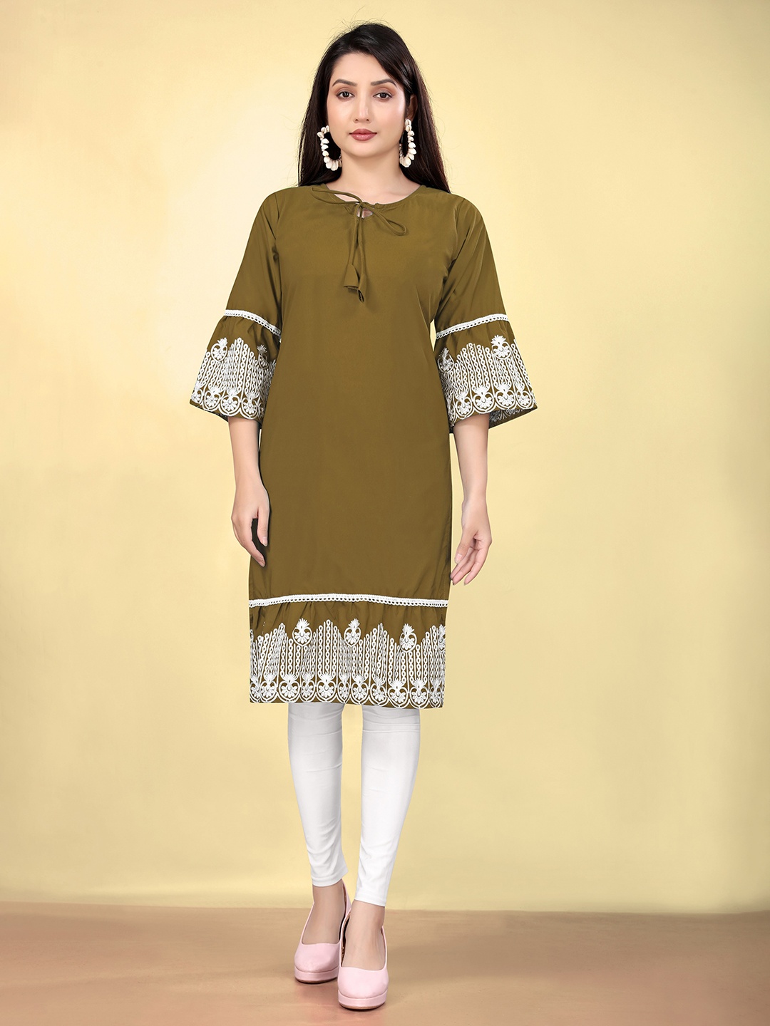 

VARNI FABRICS Floral Embroidered Thread Work Tie-Up Neck Bell Sleeves Cotton Kurta, Mustard