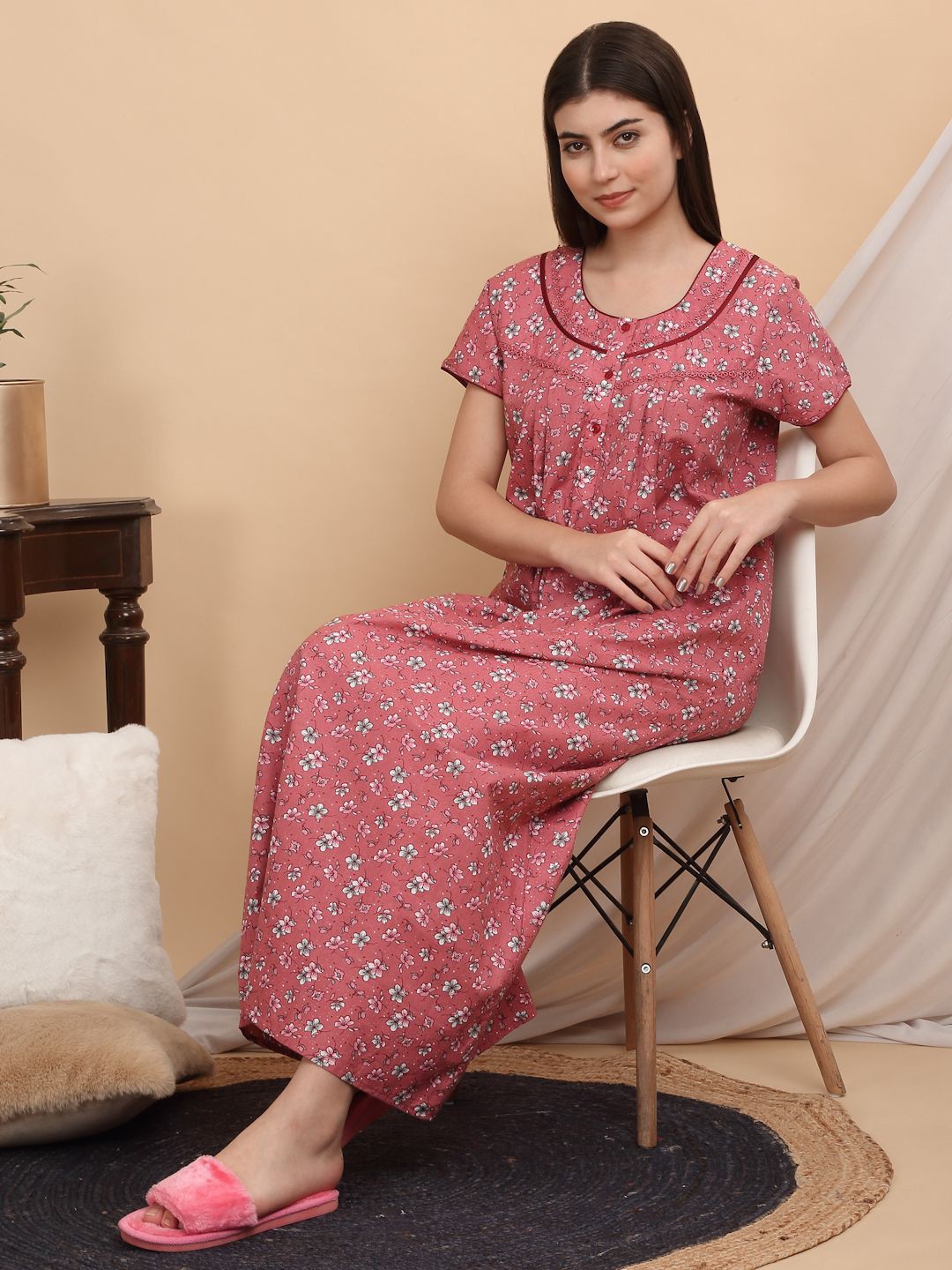 

Sweet Dreams Printed Women Maxi Nightdress, Rose