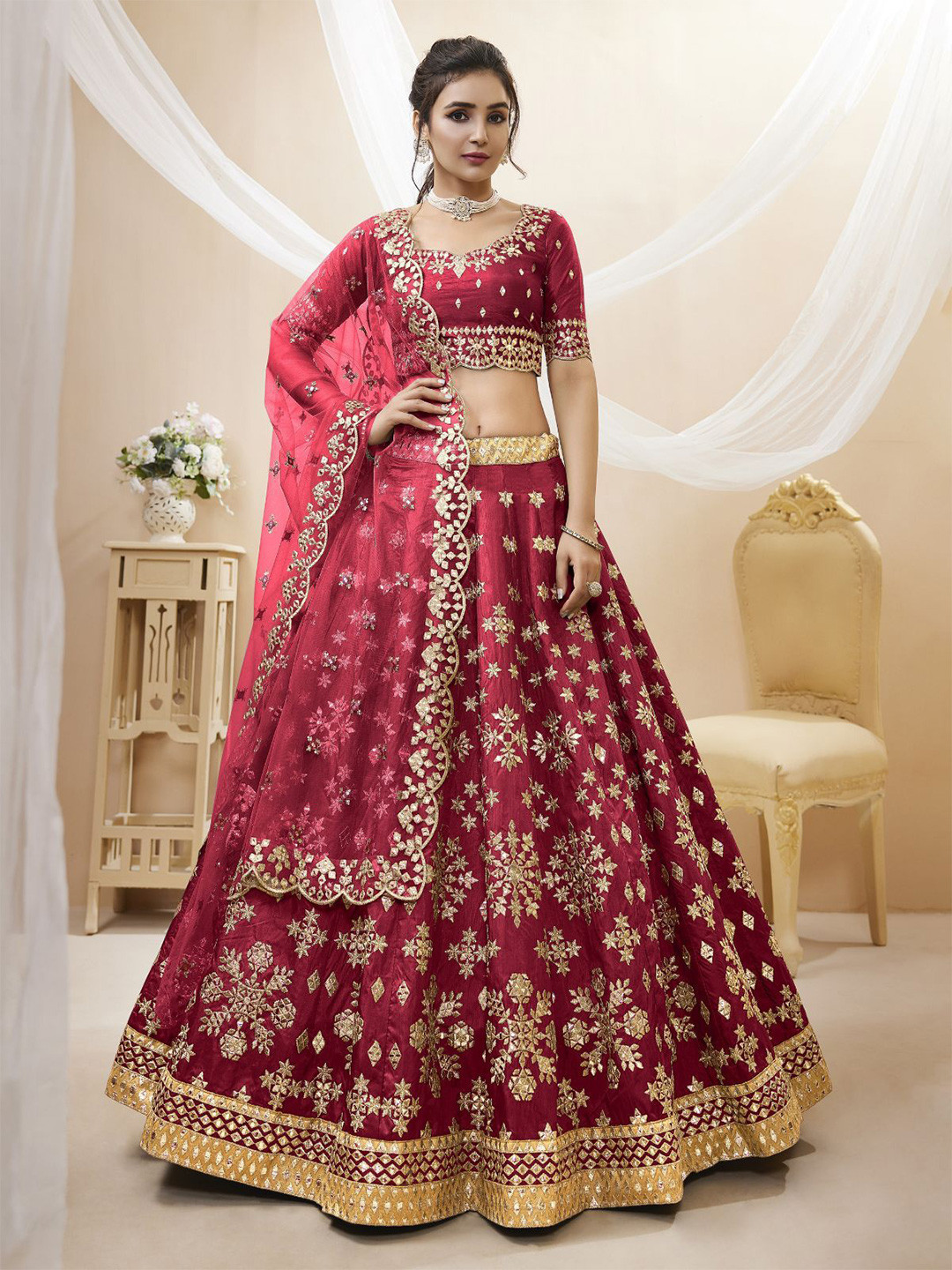 

ODETTE Embroidered Mirror Work Semi-Stitched Lehenga & Unstitched Blouse With Dupatta, Red